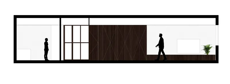 Section drawing showing two figures moving through spaces divided by a central walnut volume