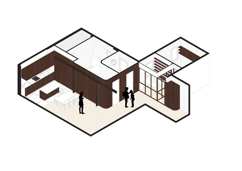Axonometric drawing revealing the open plan with walnut millwork dividing kitchen and living zones