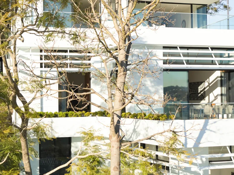 White facade with horizontal louvers and balconies visible through bare tree branches