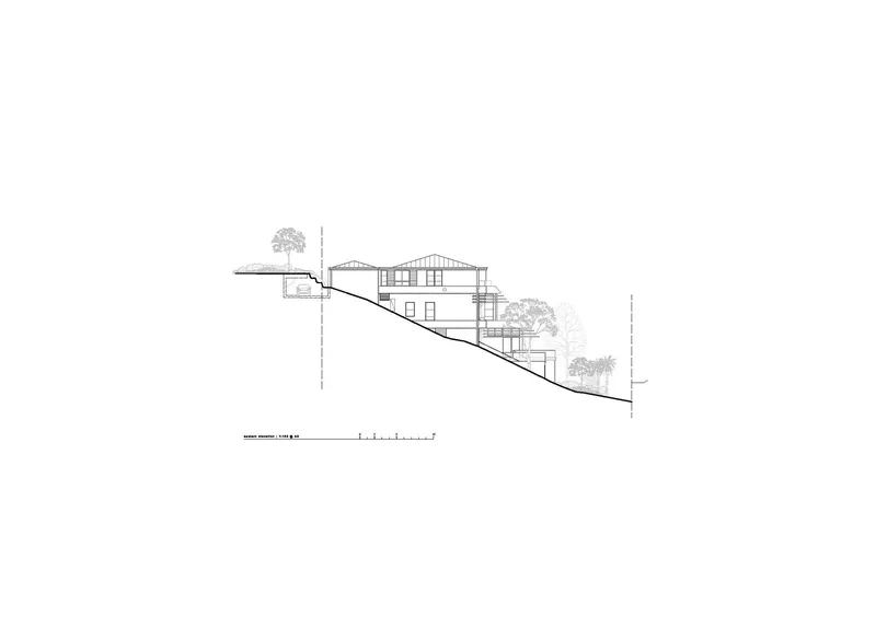 Section drawing showing three levels stepping down a steep hillside with trees