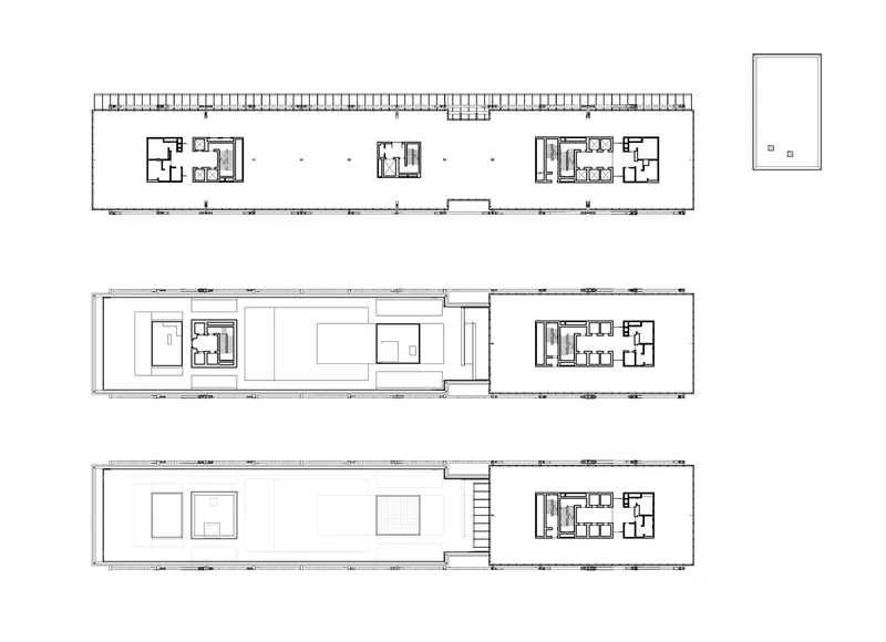 Floor plan drawings of three levels showing core locations and open floor plates in a narrow bar