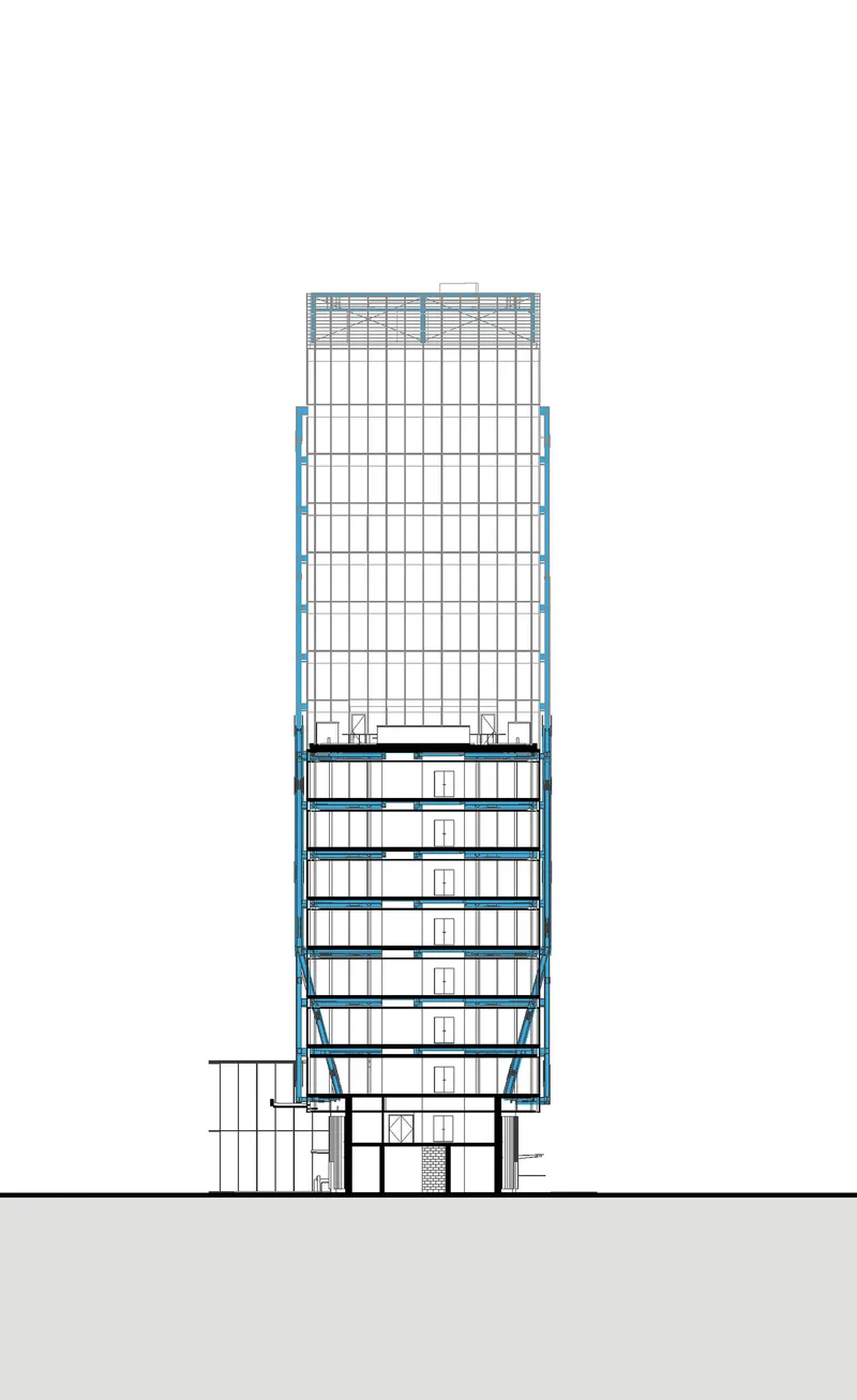 Section drawing showing a tower with exposed diagonal bracing in blue at the podium levels