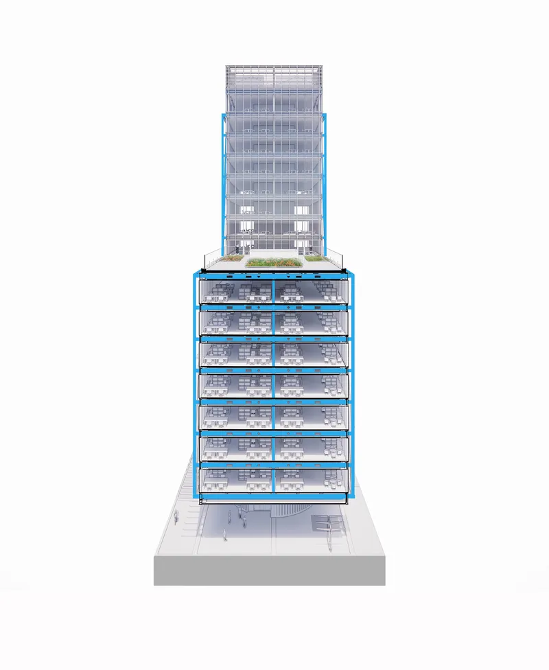 Sectional model revealing interior floor plates with blue structural elements spanning the podium