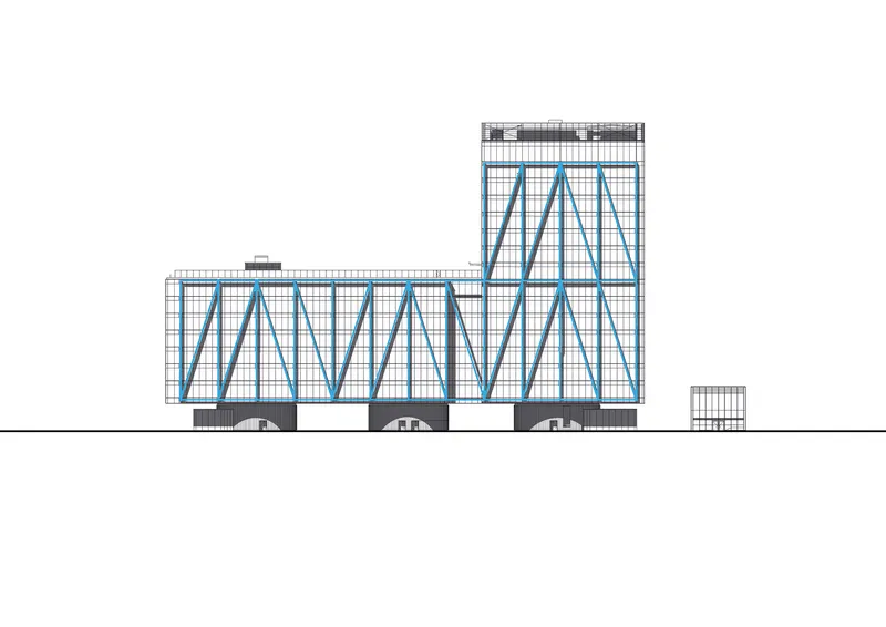 Elevation drawing displaying zigzag diagonal bracing in blue across the tower and podium facades