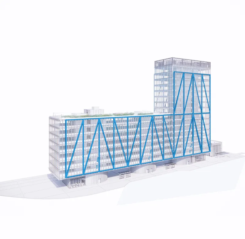 Rendered view from the corner showing the blue diagonal bracing and glazed curtain wall on white background