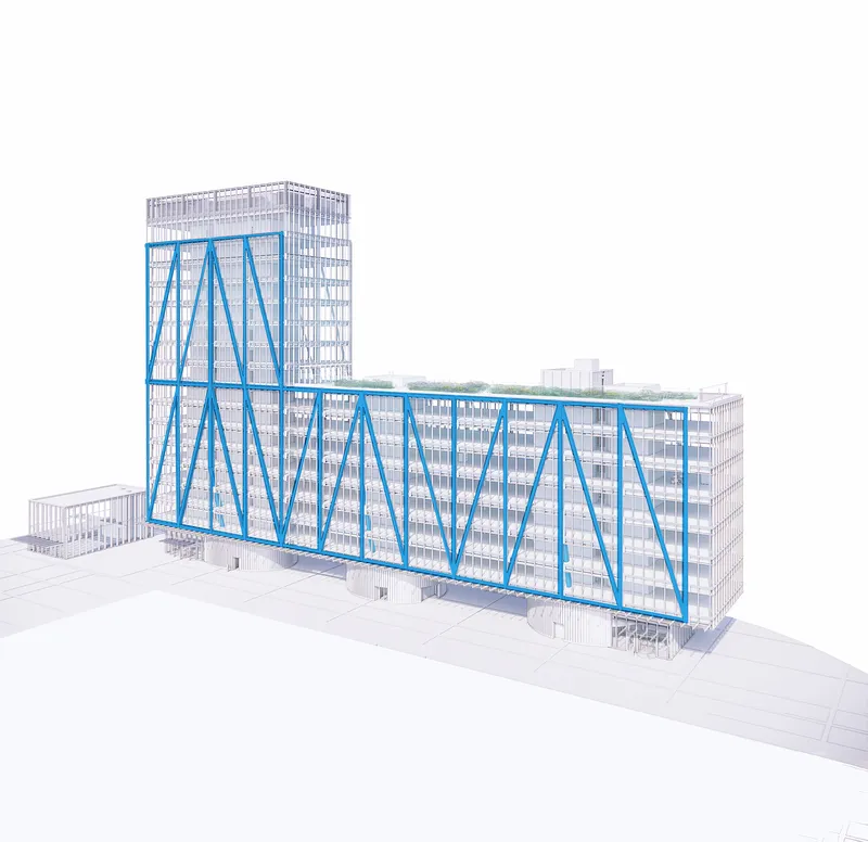 Long elevation rendering of the tower and podium with blue diagonal structural frame against pale sky
