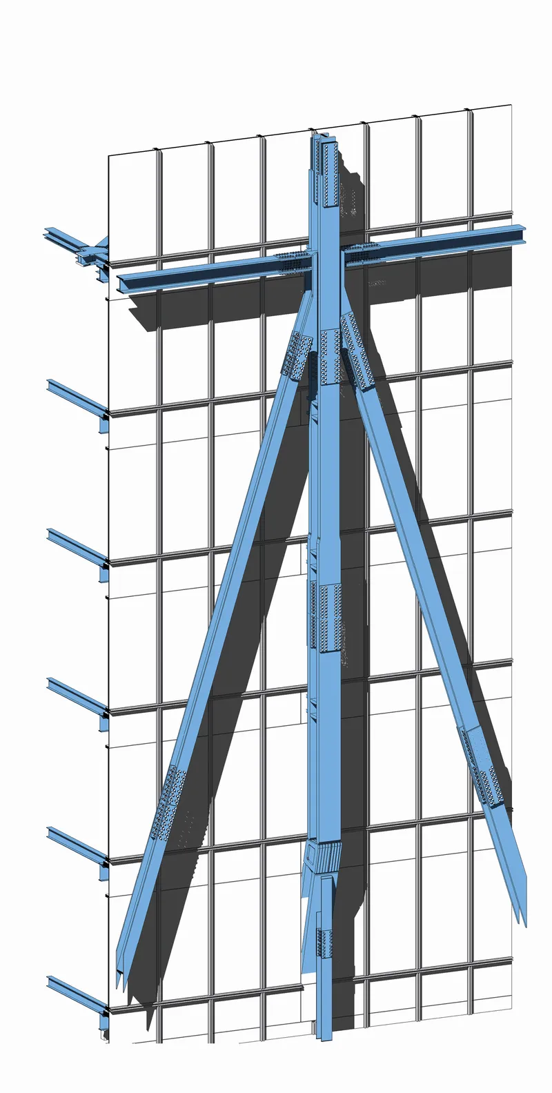 Detail drawing of the diagonal blue bracing intersection with horizontal floor slabs and glazed curtain wall