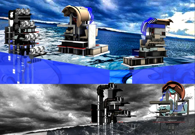 A network of floating architectural systems combines museum spaces, research facilities, and carbon capture technology at sea.