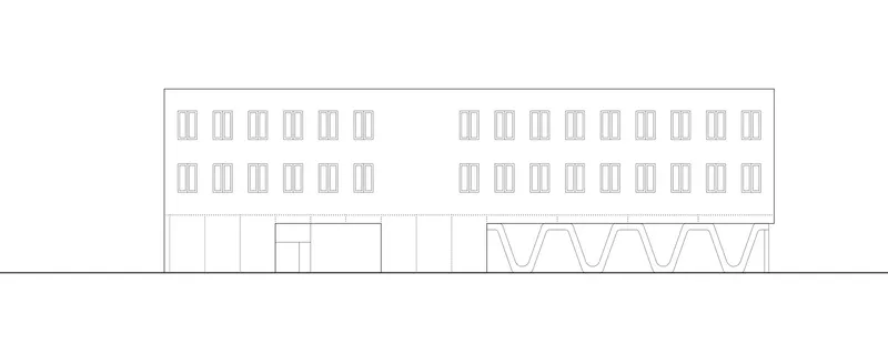 Elevation drawing with uniform window pattern and undulating structural bays at base