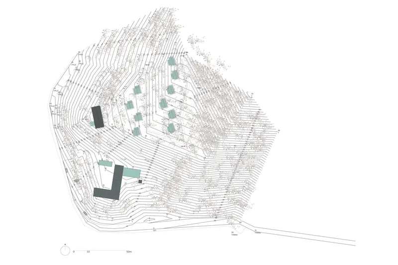 Topographic site plan showing contour lines and two building footprints on sloped terrain