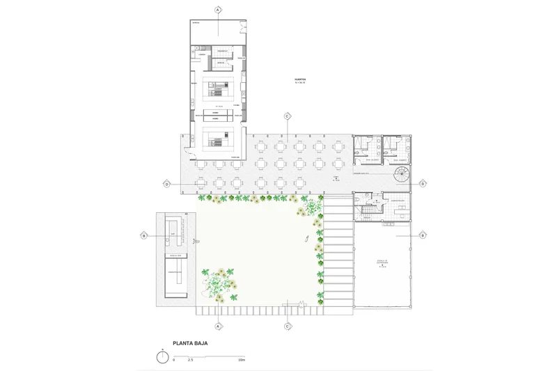 Ground floor plan drawing showing L-shaped volumes around a planted courtyard with stair access