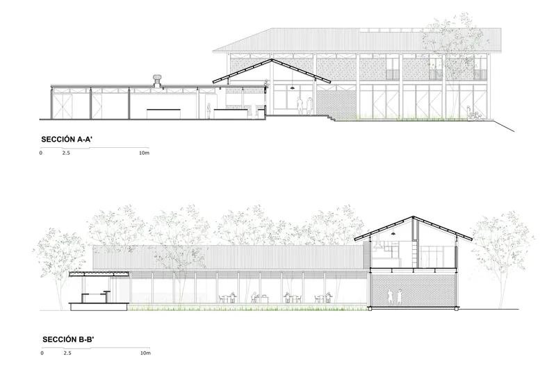 Section drawings showing pitched roof volumes and interior spaces with trees in context