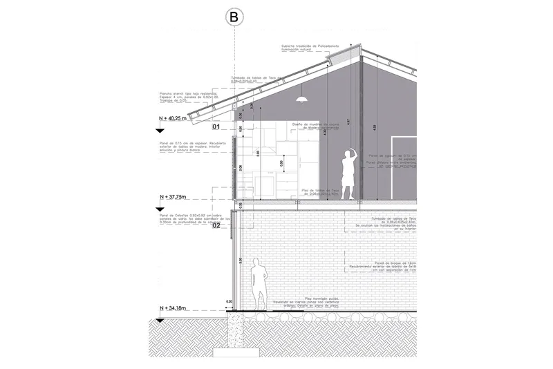 Detail section drawing showing multilevel interior spaces with material notations and human figures for scale