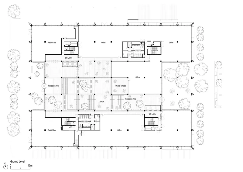 Ground level floor plan drawing showing office spaces arranged around central atrium and terrace courtyards