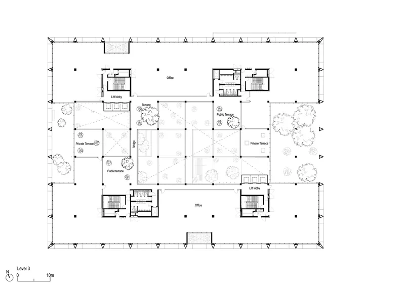 Level three floor plan drawing showing terraces and office spaces with corner circulation cores