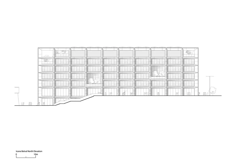 Section drawing through the multi-story structure showing horizontal floor plates and vertical circulation elements