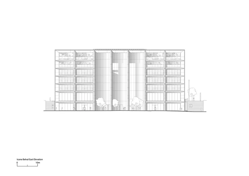 East elevation drawing showing a multistory facade with central glazed atrium flanked by residential wings