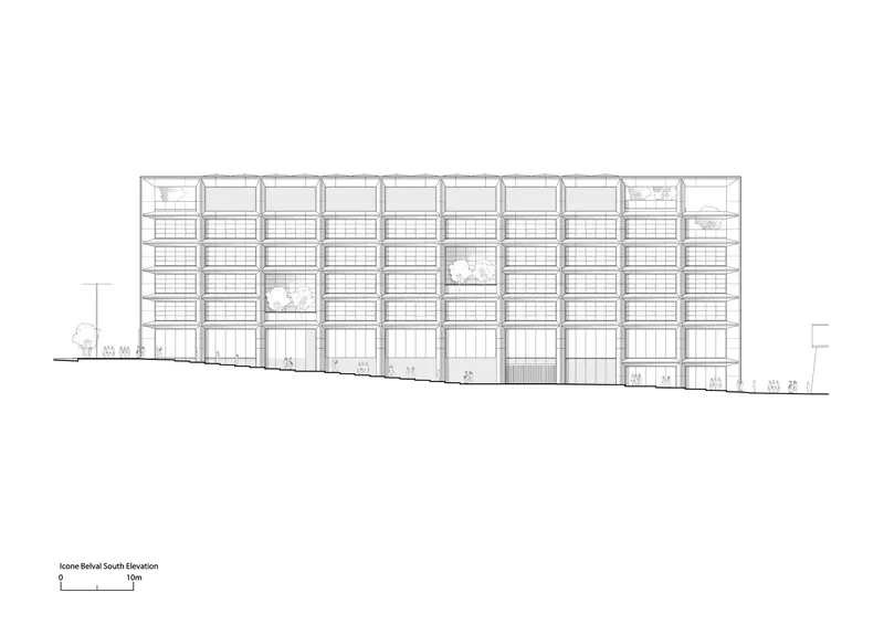 South elevation drawing depicting a repetitive grid facade with integrated balconies and ground-level trees