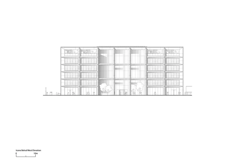 West elevation drawing illustrating a symmetrical facade with tall glazed openings at the center