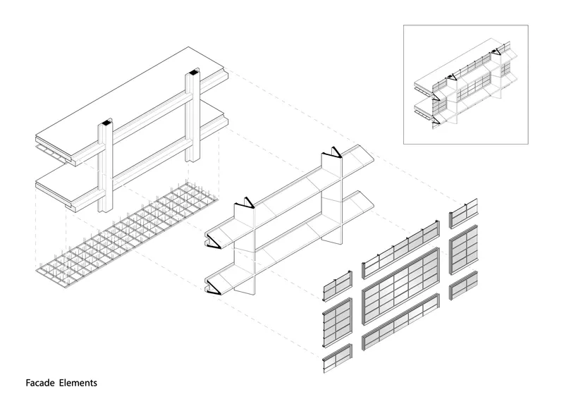 Axonometric exploded diagram showing facade assembly with slabs, columns, louvers and panelized cladding components
