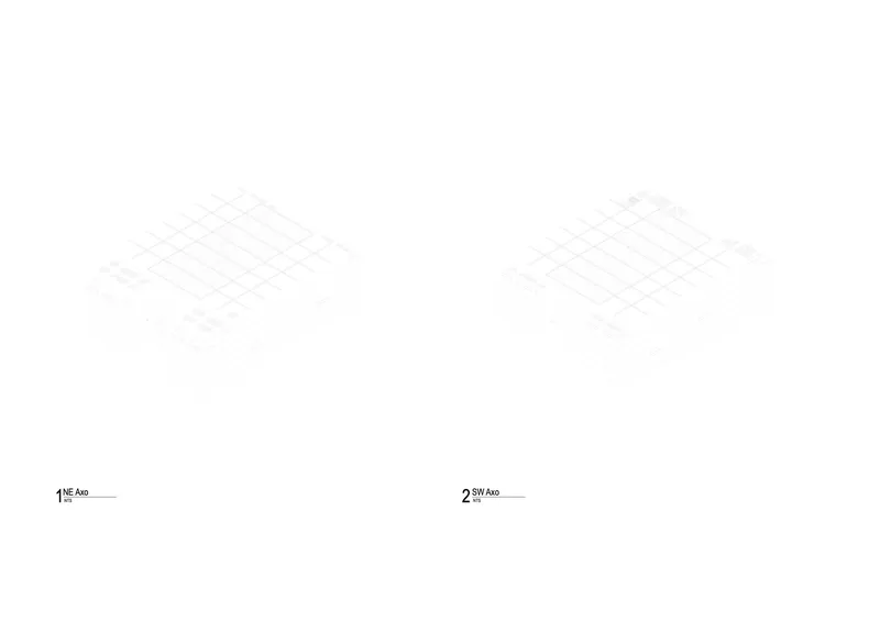 Isometric floor plan drawings of two levels with gridded structural layouts