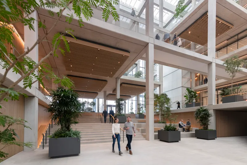 Wide staircase with planted boxes rising through the daylit atrium past timber-clad ceilings
