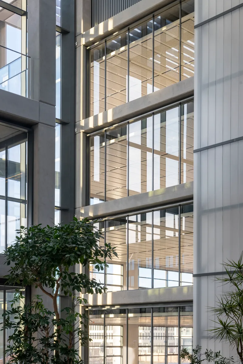 Interior atrium with concrete slabs framing a timber-clad stairwell and potted trees below