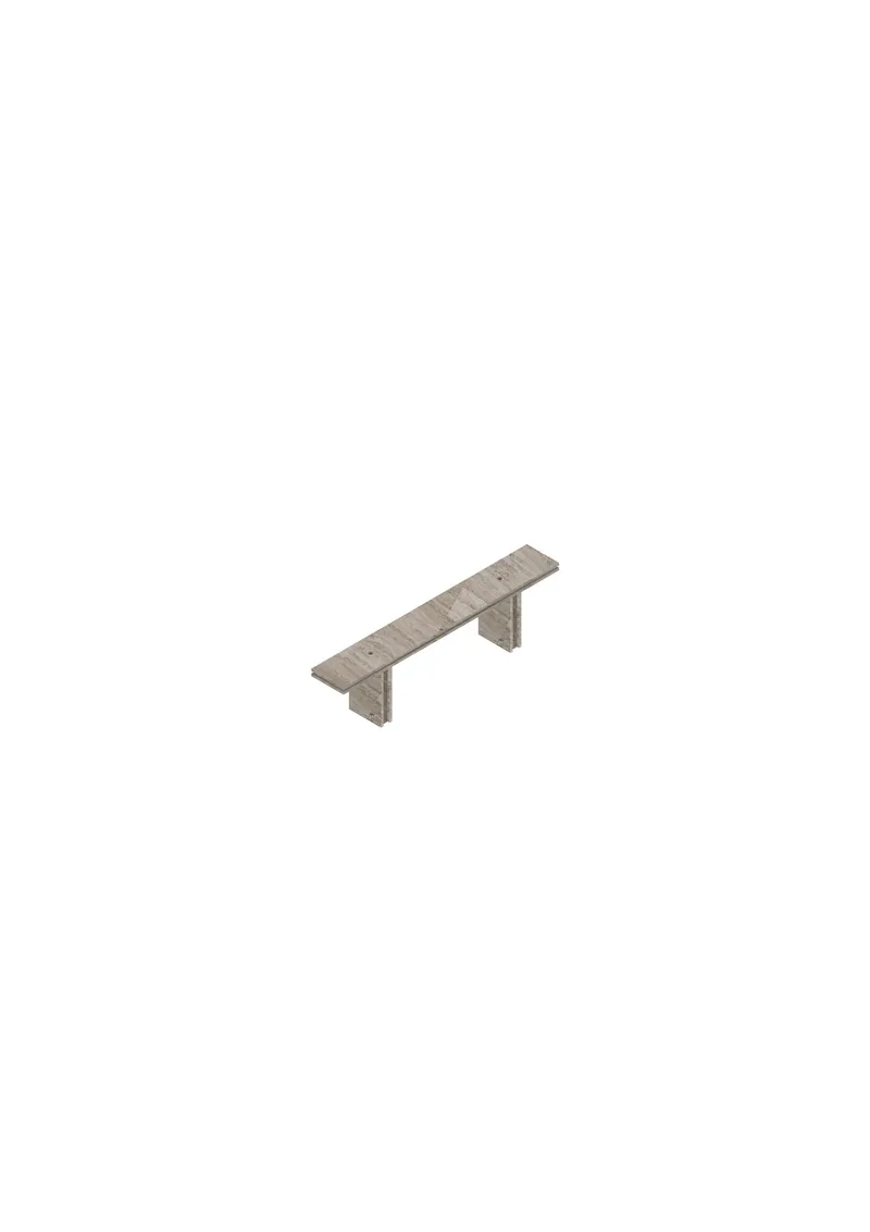 Isometric drawing of a slatted timber bench on two perpendicular leg supports