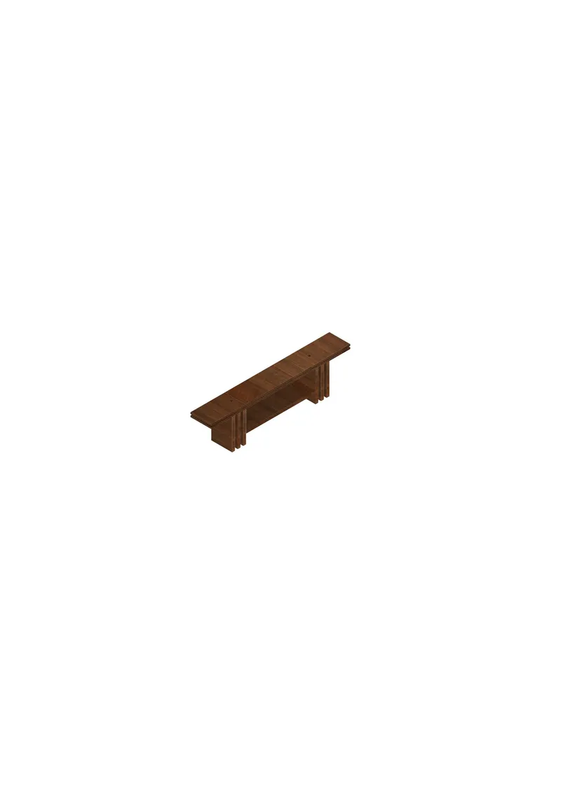 Isometric drawing of a timber bench with horizontal slat top and solid end supports