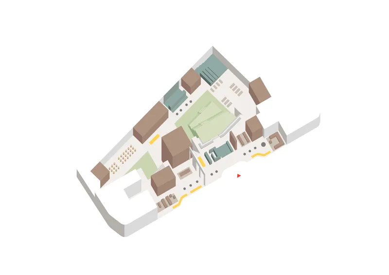 Axonometric drawing of a block with courtyard, pitched-roof volumes and yellow pathways