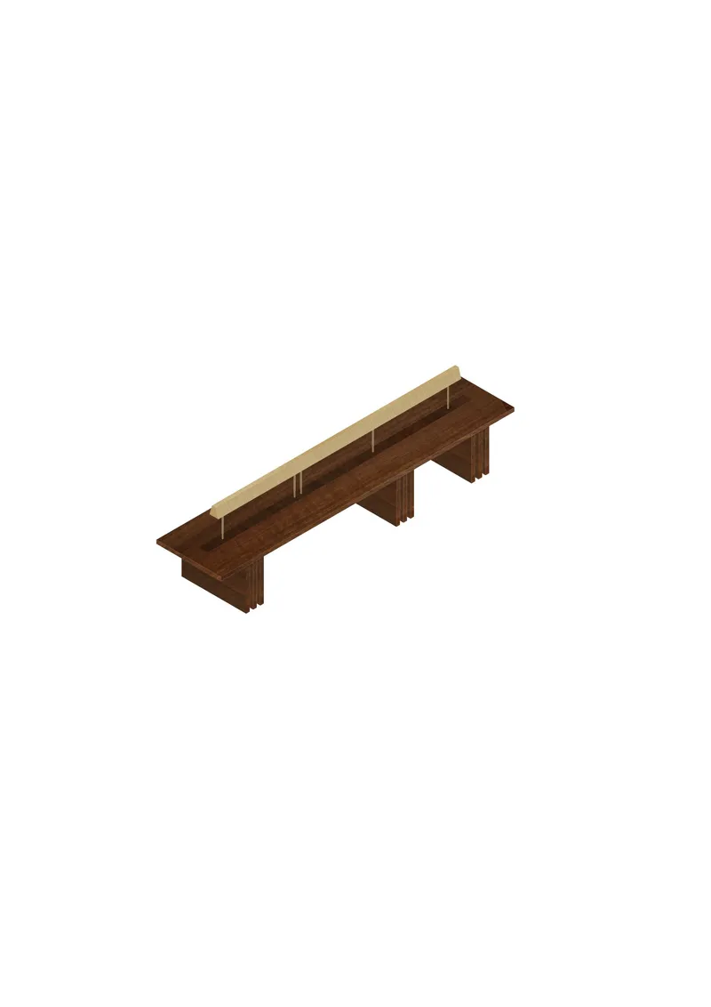 Isometric drawing of a timber bench with plank seating on three perpendicular leg supports