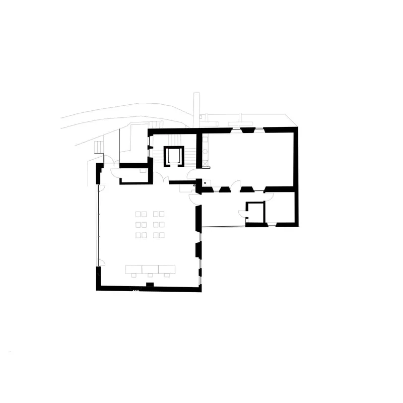 Ground floor plan drawing showing L-shaped layout with new and existing volumes