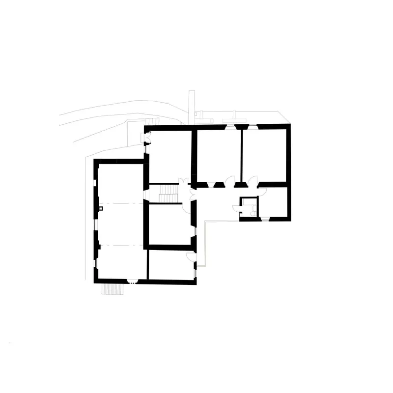 Upper floor plan drawing showing rooms distributed across interconnected existing and new volumes