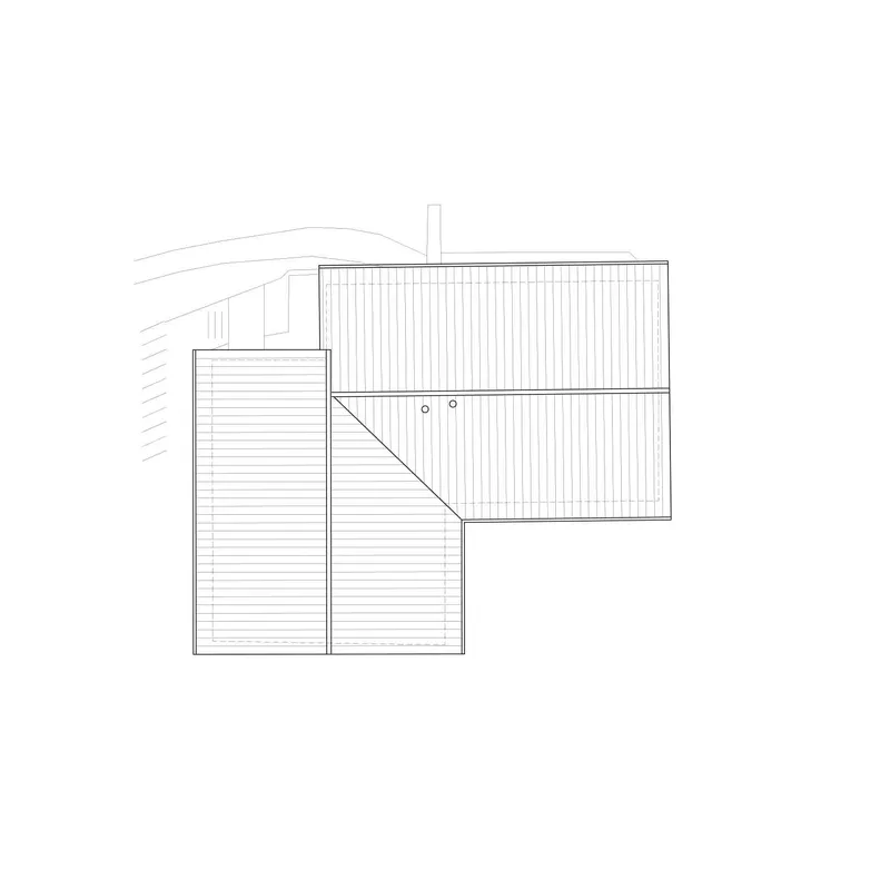 Roof plan drawing showing two interlocking volumes with vertical metal seam cladding
