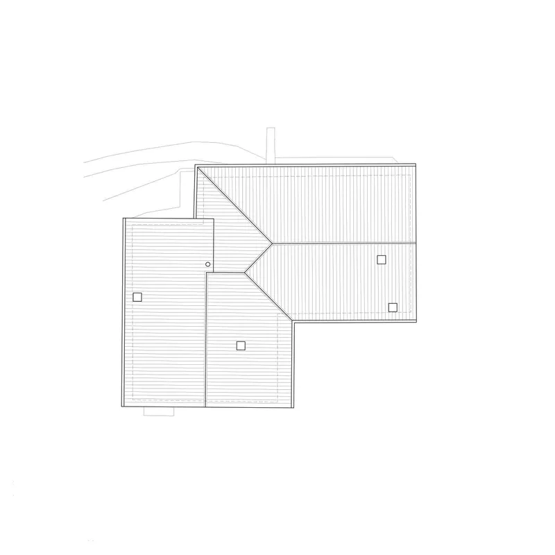 Roof plan drawing illustrating the angled connection between two rectangular volumes with skylights