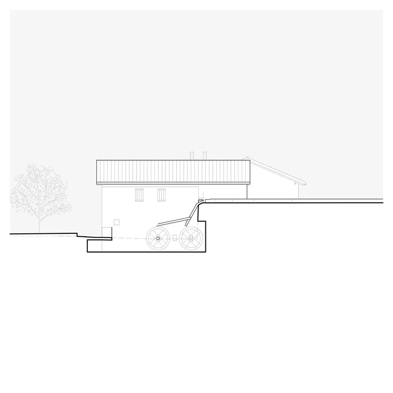 Section drawing cutting through the two-story volume with sloped roofs and a tree to the left