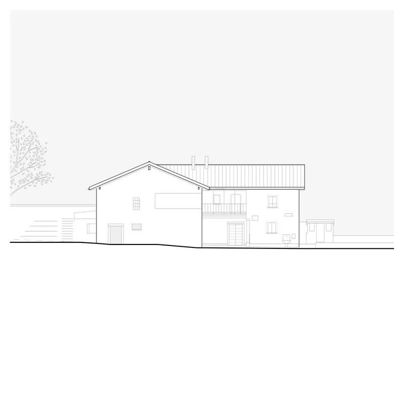 Elevation drawing showing the gabled facade with balcony and multiple window openings beside a tree