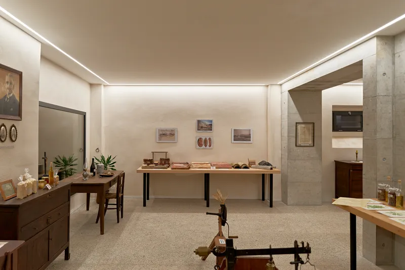 Exhibition room with exposed concrete columns and perimeter cove lighting illuminating display tables