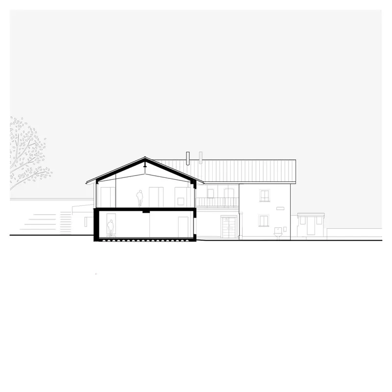 Section drawing showing a gabled volume connected to a flat-roofed extension with adjacent tree