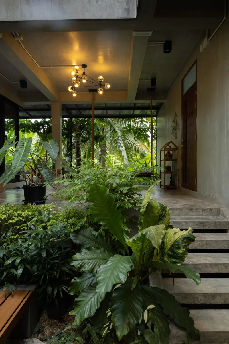 Covered entry terrace with concrete steps beside planted beds of palms and tropical foliage at dusk
