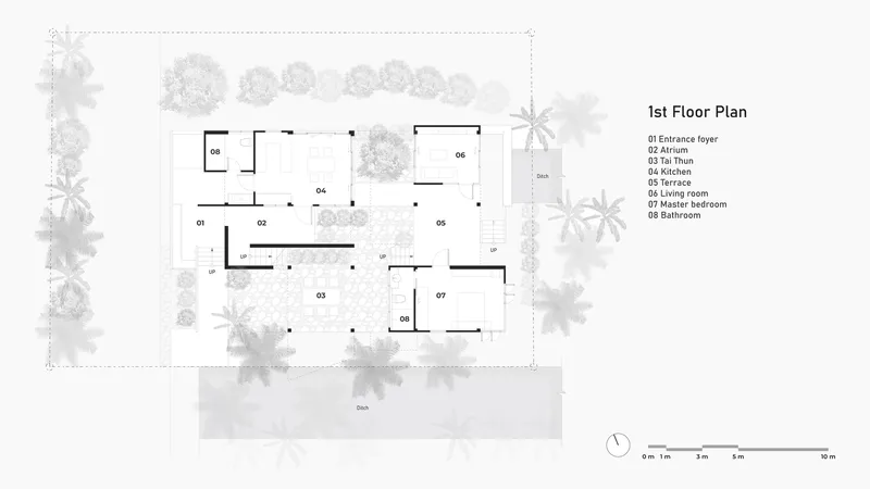 First floor plan drawing showing rooms arranged around open courtyards with surrounding trees