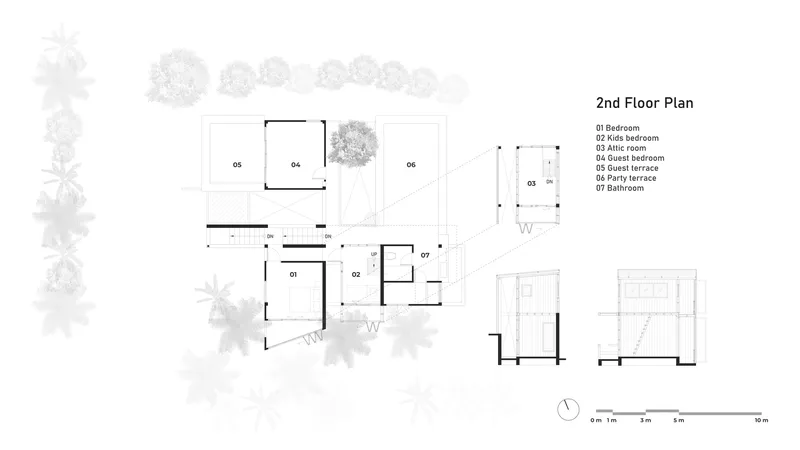 Second floor plan drawing with bedrooms and terrace spaces indicated alongside section views