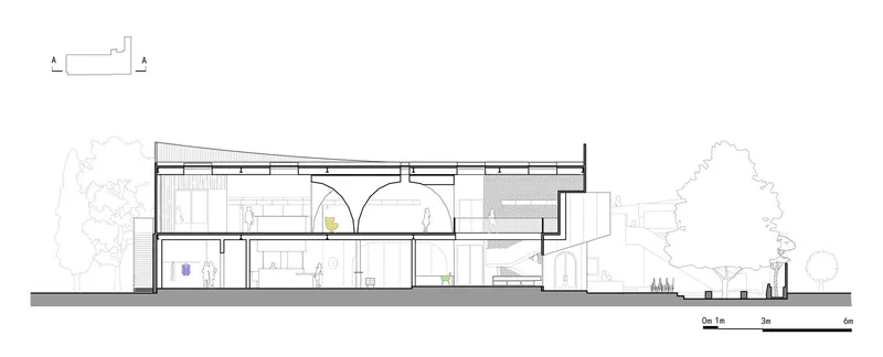 Cross-section drawing showing a linear building with arched openings and adjacent trees