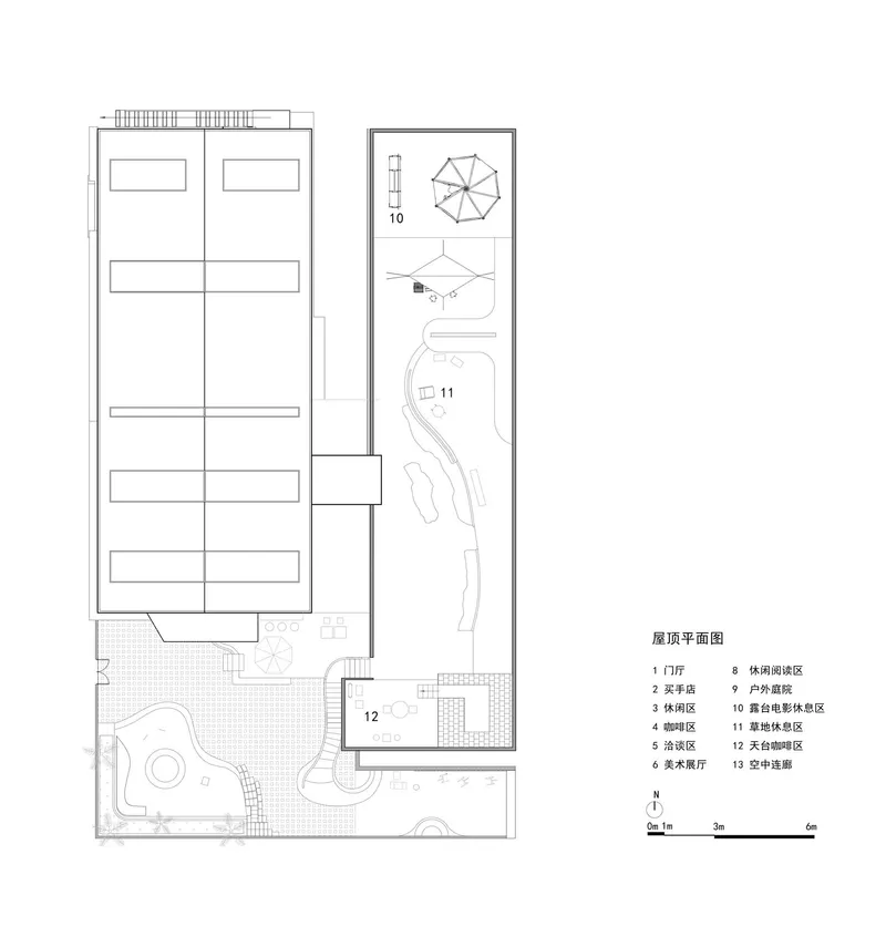 Roof plan drawing showing rectangular building with adjacent courtyard and octagonal pavilion