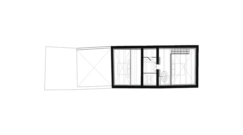 Floor plan drawing showing bathroom with freestanding tub and adjacent shower with vertical slats