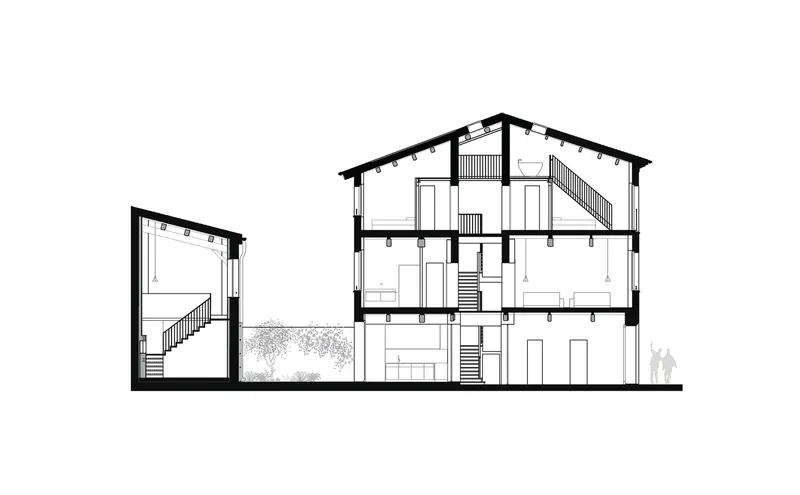 Section drawing showing three-story residence with pitched roof and human figures for scale