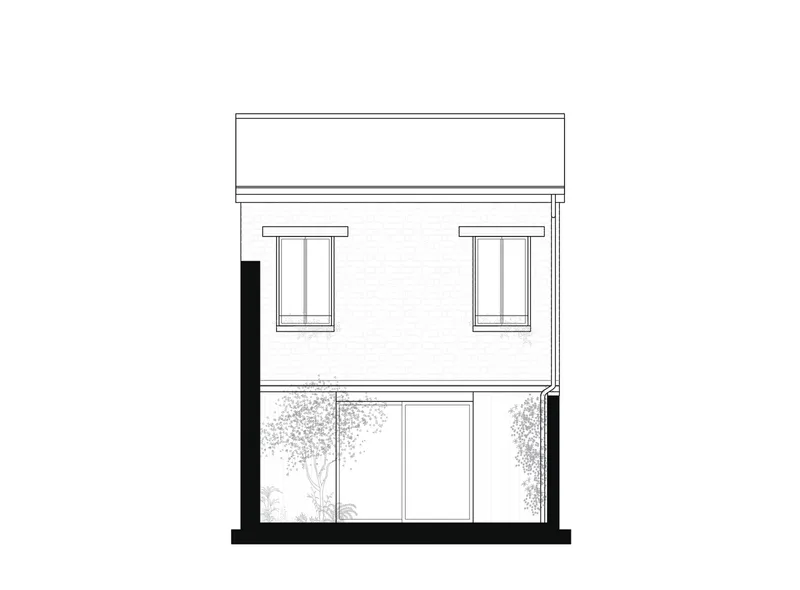 Elevation drawing showing two-story facade with paired windows above glazed entry and flanking planting