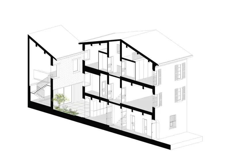Axonometric section drawing revealing the multi-level interior spaces with a small tree on the lower floor