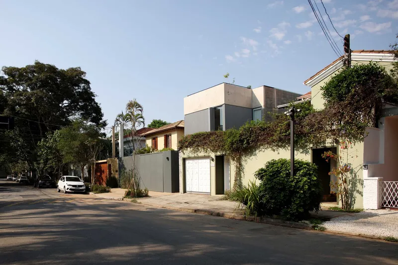 Street view of grey stucco wall with garage door beneath climbing vines and palm trees