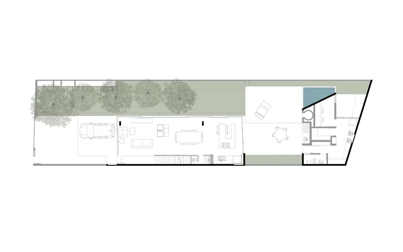 First floor plan drawing showing open living spaces with central stair and rear courtyard with pool